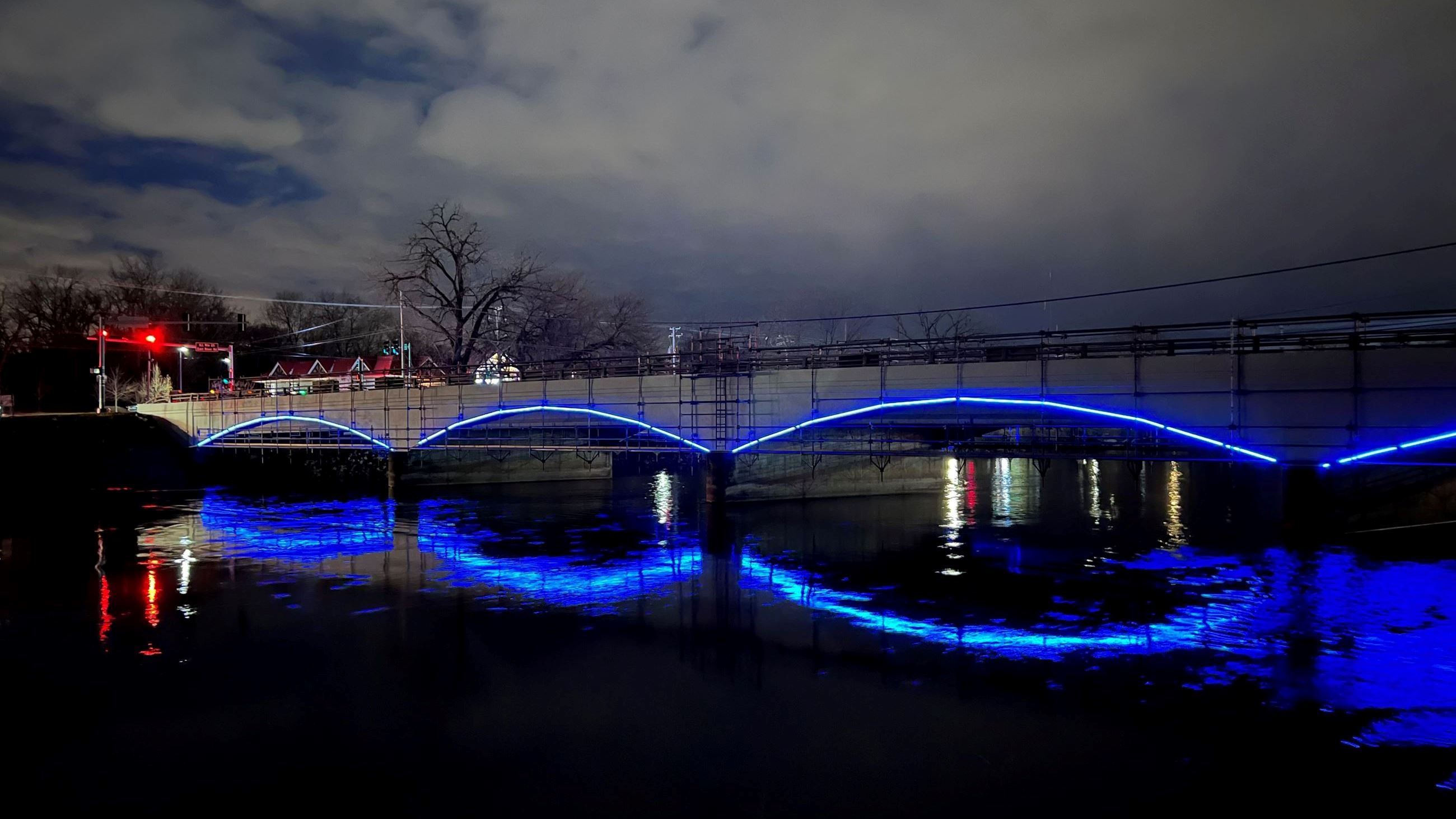 Mill Street Bridge Lit Blue At Night