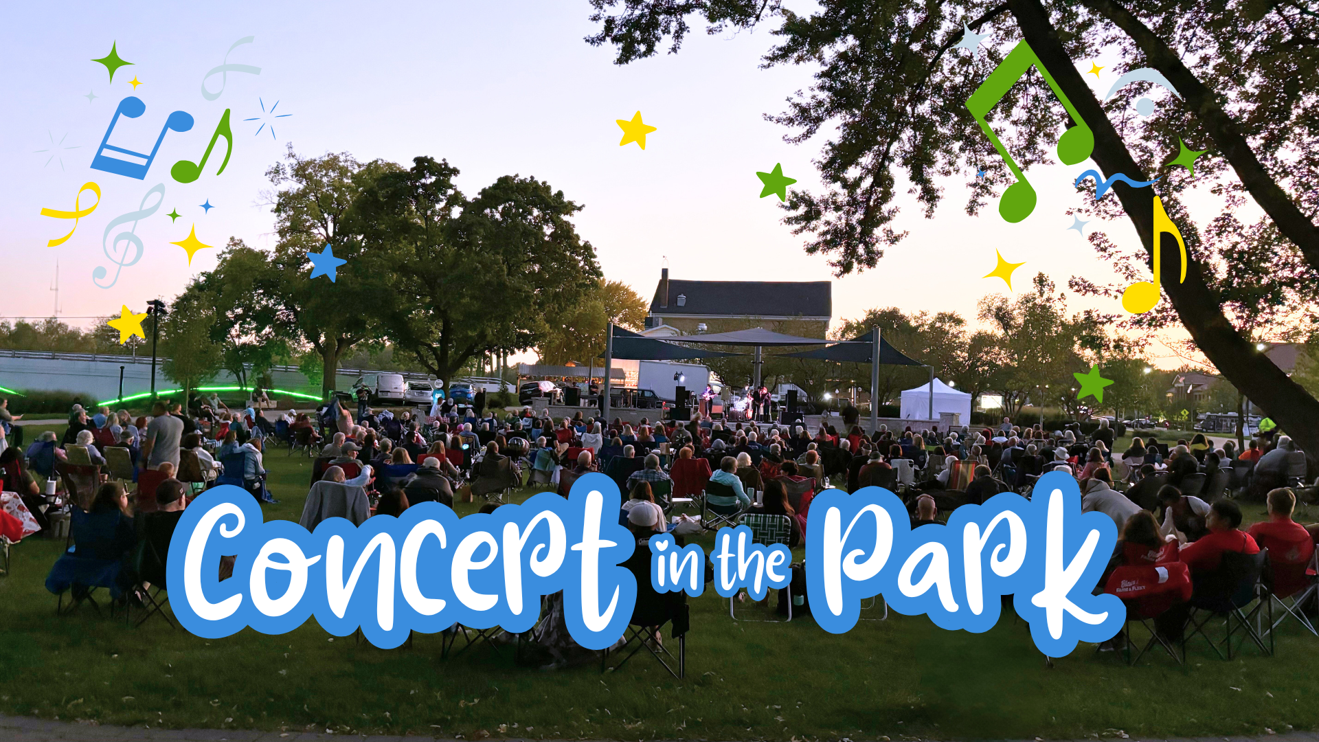 Montgomery Park at Dusk with concert on stage.